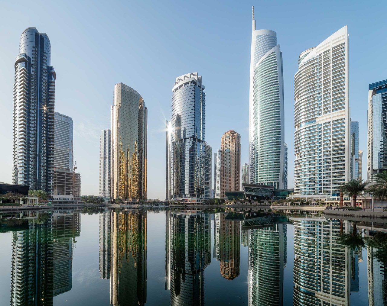 Panoramic view of Jumeirah Lakes Towers in Dubai during morning, United Arab Emirates