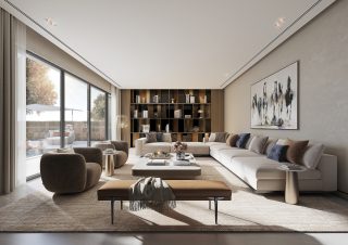 modern living room with l shaped sofa and outdoor patio