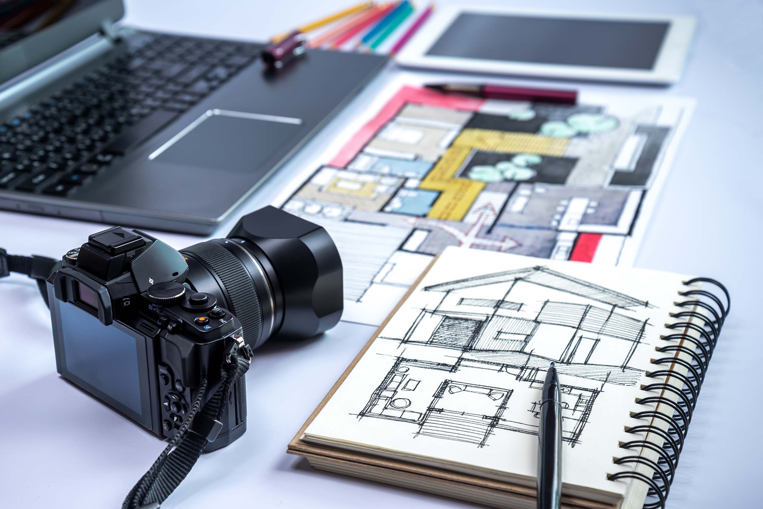 Property photographers desk with all you need for real estate photos