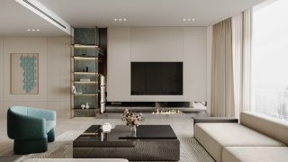 luxurious living room with fireplace and city view