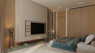 modern bedroom with gray and teal decor