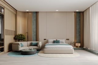 modern studio bedroom with teal accents and natural light