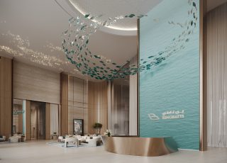 luxurious spacious lobby with wave chandelier