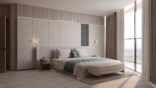 luxurious bedroom with large bed and city skyline view