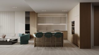 modern open plan living room and kitchen with beige tones