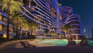 luxury building night blue lights pool palm trees