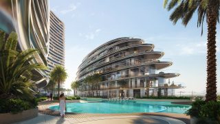 modern aquarise building with pool and palm trees