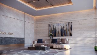 luxurious lobby with high ceilings and marble finishes