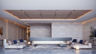 luxury apartment lobby with marble reception and sofas