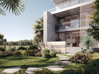 modern exterior of luxury townhouse with sea view garden