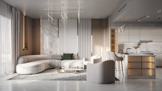 stylish modern living room with kitchen and dining area