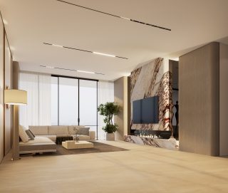 bright living room with large windows and marble feature wall