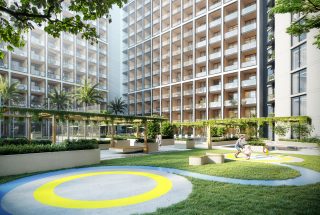 courtyard with children playing and modern residential buildings