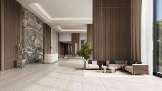 luxurious building lobby with modern design and seating