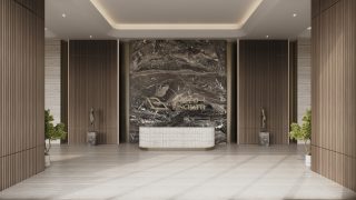 lobby entrance with marble wall and reception desk