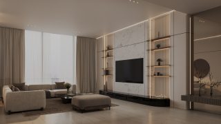 bright modern living room with beige sofa and travertine wall