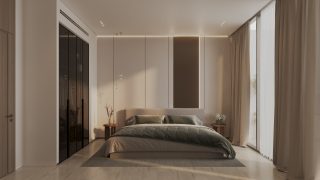 stylish bedroom with large bed and sheer curtains