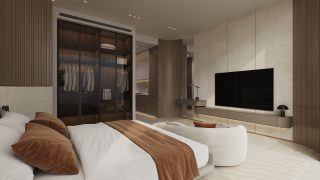 modern bedroom with bed wardrobe and tv