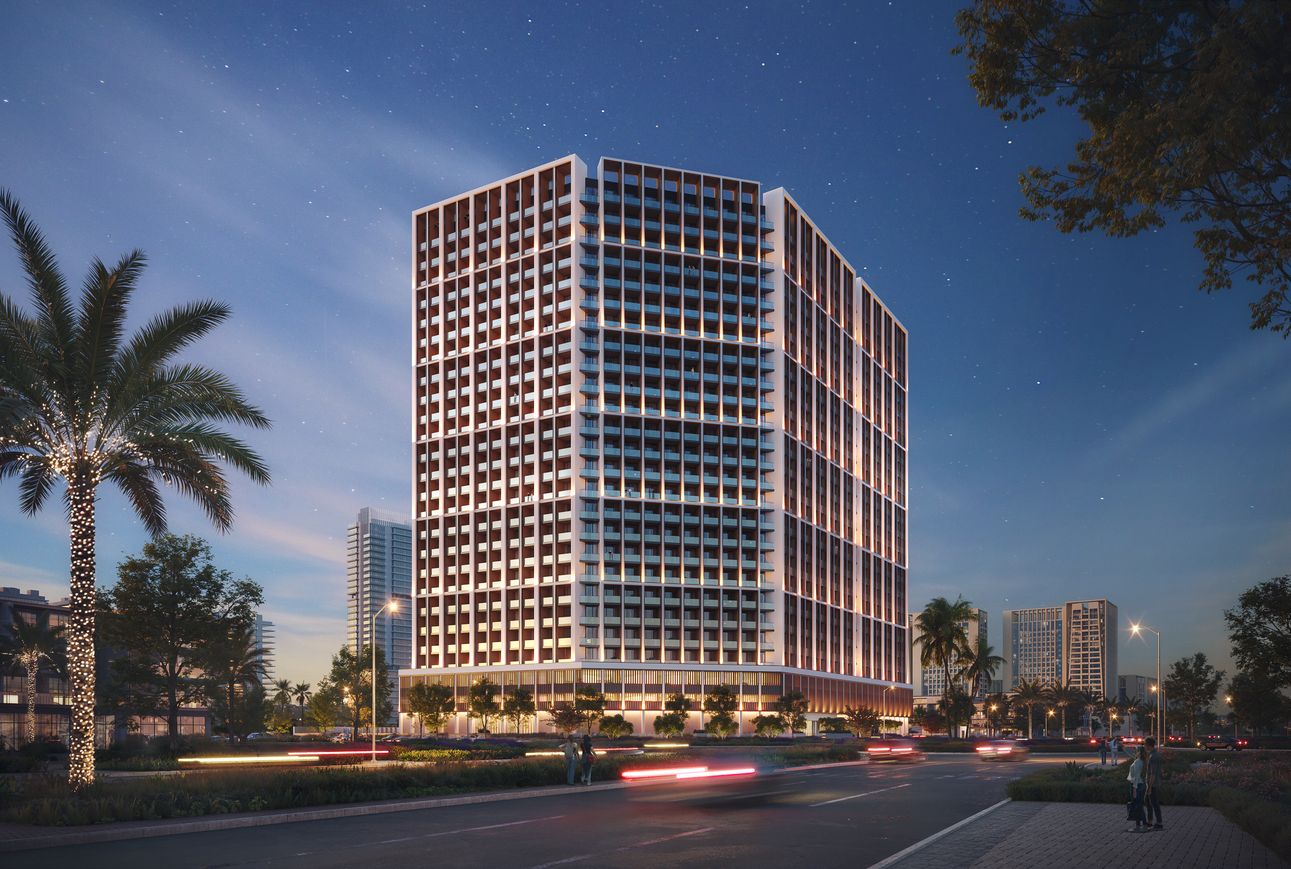 modern residential tower with glass and metal facade at dusk