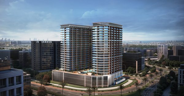 modern residential tower with curved design and glass facade