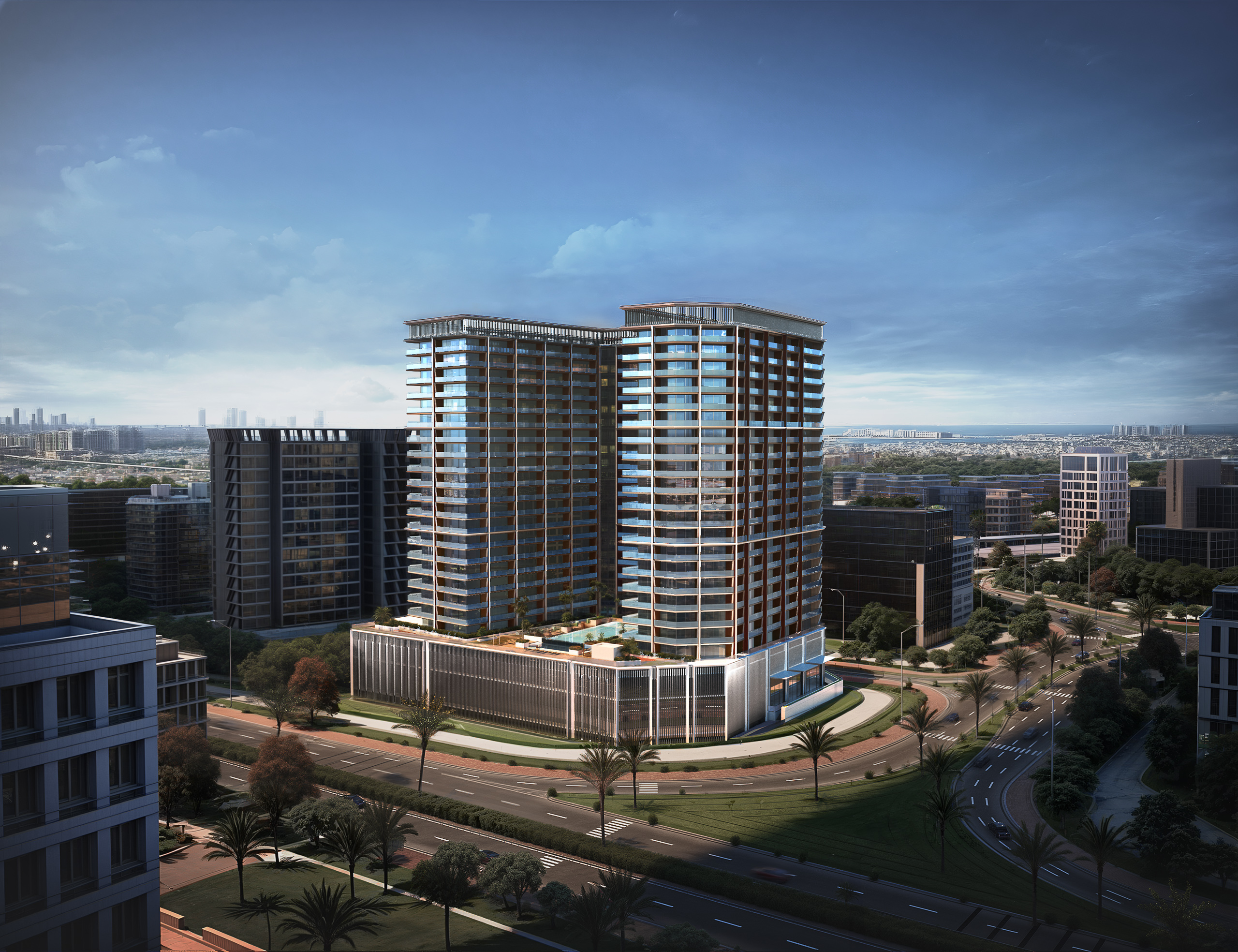 modern residential tower with curved design and glass facade
