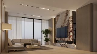 luxury living room with marble fireplace and balcony