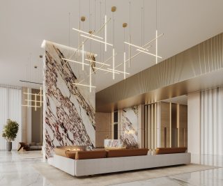 modern residential lobby with marble wall and sofa