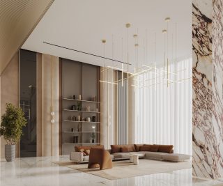 modern residential lobby with sofa chandelier and natural light