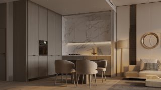 modern kitchen with marble and beige living space