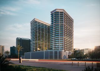 modern high rise residential building with balconies and city views