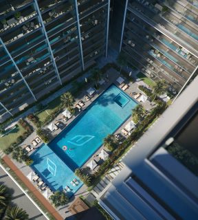 aerial view of residential pool and lounge in dubai