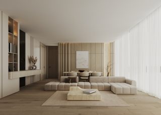 modern living room with beige sectional sofa and wooden panels