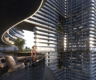 modern high rise with curved balconies and woman on terrace