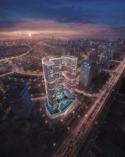 aerial view of binghatti hills illuminated skyscraper with pool