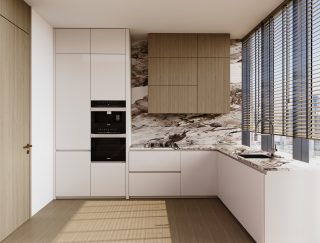 modern kitchen with white cabinets and window