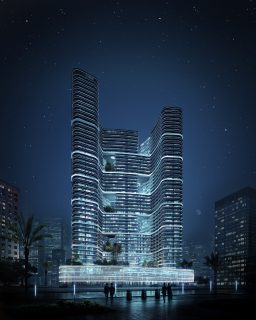 modern skyscraper with curved terraces and greenery at night