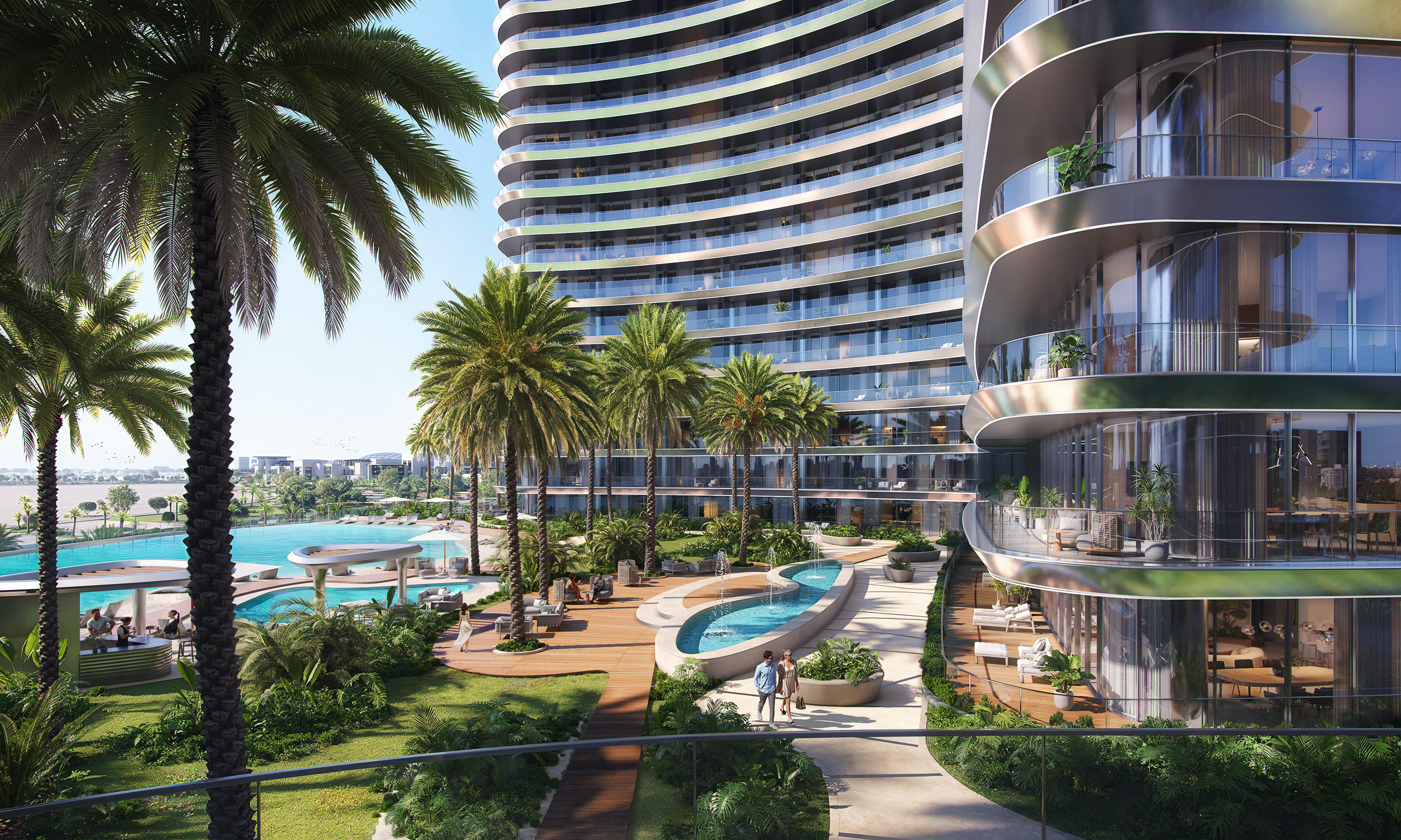 modern residential building with pools and palm trees