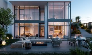 modern duplex building with illuminated terrace and furniture