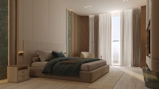 luxurious bedroom with large windows and serene decor