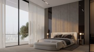 modern bedroom with panoramic dubai skyline view