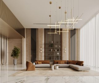 bright modern living room with sectional sofa chandelier