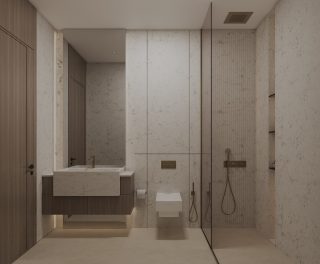 modern bathroom with travertine walls bronze accents