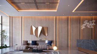 luxury lobby with wooden panels and sofa