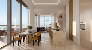bright modern kitchen with sea skyline view