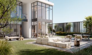 modern rooftop terrace with sectional sofa palm trees