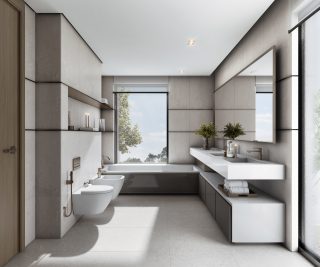 luxury villa bathroom with bathtub window and vanity