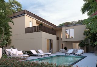 modern villa with pool terrace and greenery