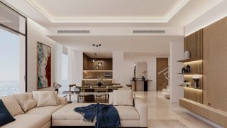 bright modern living room with water and city views