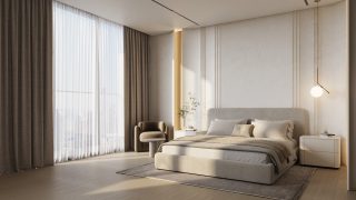 bright bedroom with large windows and neutral decor