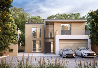front view modern luxury villa with driveway vehicles